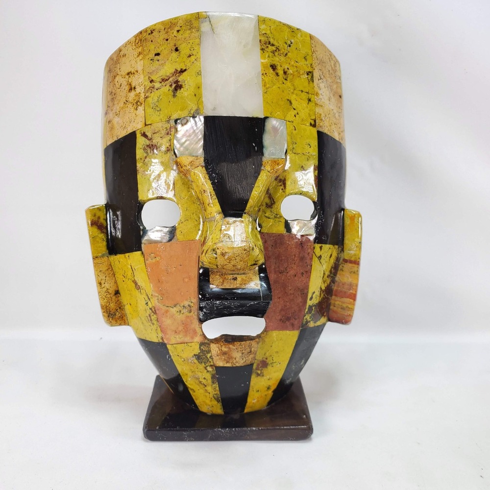 Vintage Mexican Stone Mosaic Mask Aztec Mayan Abalone Obsidian Inlay Folk Art
